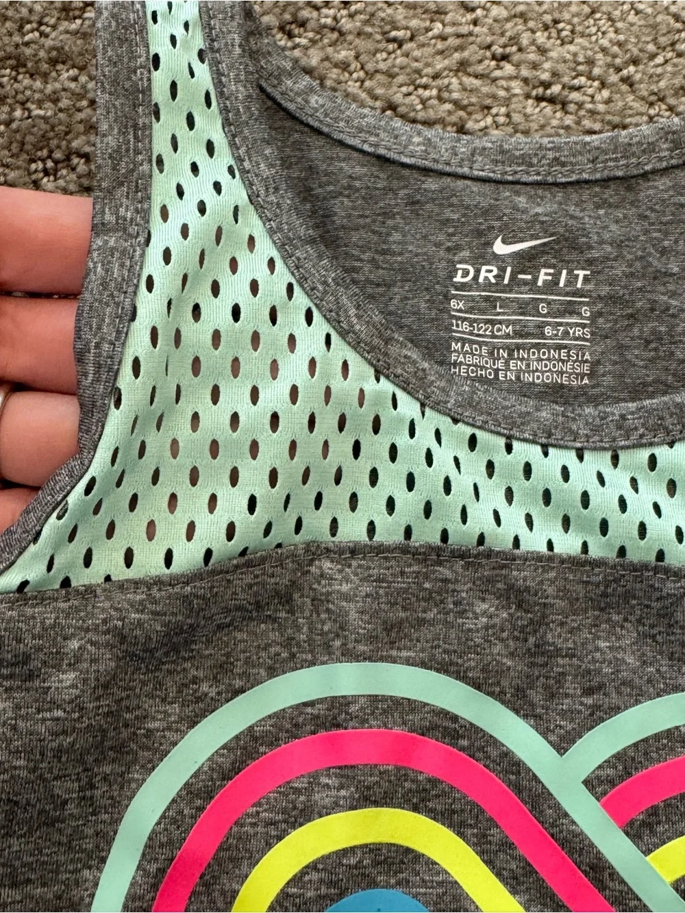 Nike Girls' Gray Tank with Mint Mesh Yoke and Multicolor Heart